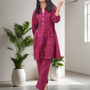 V Neck Embroidered Button Shirt With Trouser