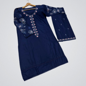 Double Lace Border Long Shirt With Embroidered Flapper 2 Piece